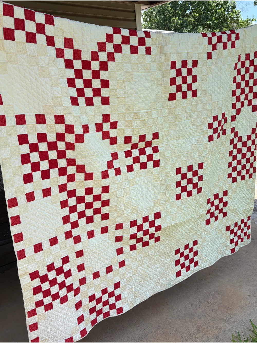 Vintage 1930-1940s Red & White Patchwork Checkered Feed Sack Quilt 65x74